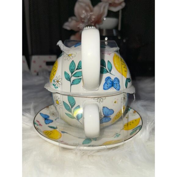 Grace's Teaware Lemons & Blue Butterflies Stacking Teapot & Teacup and Saucer - Picture 6 of 10